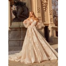 Romantic Flower Appliqued Wedding Dress Puff Off The Shoulder Sleeve Bride Dresses Sweetheart Bridal Gown  Vestidos De Novia