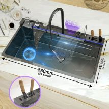 Edelstahl-Wasserfall-Küchenspüle, geprägt, groß, Einzelschlitz, integrierte Digitalanzeige, Wasserhahn-Set, Tassenwascher, Waschbügel