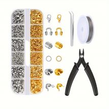 1200pcs Beads Supplies For Making, Including Crimp Covers,  Bracelet Clasps And Closures, CrimpEnds, Jump Rings, Crimping Pliers