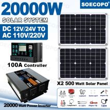 SOECOPO 20000W Solar System Balcony Complete Kit-2*500W Panels 12V 24V To 220V 110V Inverter Socket 100A Controller for Camping