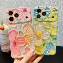 Stylish Case For iPhone 17 11 12 13 14 15 16 Pro Max Retro Oil Painting Flower Glossy Cute Floral Wave Border Exquisite Cover