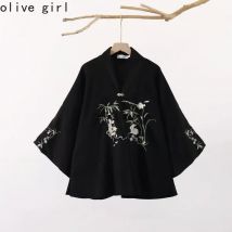 Gestickter Bambus-Kaninchen-Mantel, Hemd, Frühling und Herbst 2022, Retro, chinesische traditionelle, vielseitige schwarze Jacke, Top, Damenbekleidung