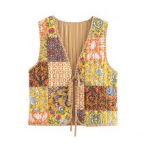 Zevity Frauen Nationalen Stil Ärmellose Patchwork Floral Print Stepp Weste Jacke Damen Lace Up Weste Chic Crop Tops CT6267