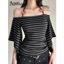 AltGoth Chic Vintage Gestreiftes T-Shirt Damen Ästhetisches Fairycore Grunge Elegant Y2k One-Off-Shoulder Flare Sleeve Neckholder T-Shirt Tops