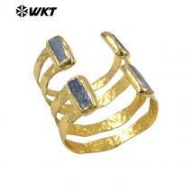 WT-B665 Natural Rectangle Blue Kyanite Hollow Design 18k Gold Plated Cuff Adjustable Bangle For Unisex Decorated