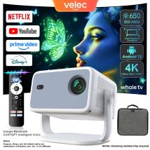 Velec Projector Android 13 Native 1080P 650ANSI Amlogic T950D4 Wifi6 BT5.2 Compatible with Netflix 4K Portable Outdoor Projector