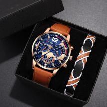Conjunto de 2 piezas para hombre, reloj de pulsera de cuarzo, de cuero marrón, informal, de negocios, de lujo, con calendario, a la moda