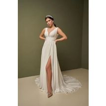 Brautkleider aus Chiffon mit Spaghettiträgern, V-Ausschnitt, Seitenschlitz, Brautkleid, ärmellos, rückenfrei, Boho-Kleid mit Empire-Taille und Schleppe