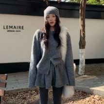 Plus-Size-Herbst- und Wintermode-Freizeitanzug für Damen: Lose Strickjacke + Pulloverrock, zweiteiliges Set