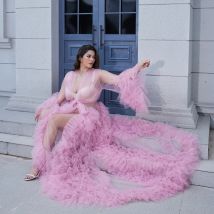 Abiti per foto di maternità abiti lunghi per accappatoio in Tulle da donna fotografia compleanno Sexy da sposa soffici vedere attraverso abiti da festa