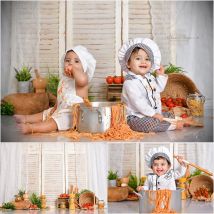 Studio Baby Kind Kleinkind Chef Bäckerei Küche Kochen Szene Fotografie Kulissen Kuchen Zerschlagen Geburtstag Porträt Foto Hintergrund