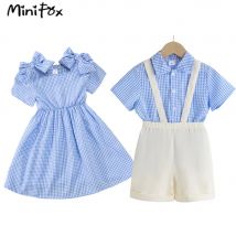 Mnifox schwester und bruder passende outfits schulter bögen blau kariertes mädchen kleid jungen hemden outfits setzt kinder kleidung jungen mädchen