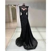 Schwarze glitzernde Pailletten mit langen Ärmeln, maßgeschneiderte arabische High-Neck-Kristalle, Perlen, Hochzeit nach Abschlussball-Party-Kleider