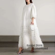 Customized A-Line O Neckline Prom Dress With Feather Ankle Length Evening Dress Women Wedding Party Formal Gowns Arabia