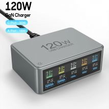 Caricabatterie GaN da 120 W 5 porte USB Tipo C Stazione di ricarica da tavolo Display a LED PD 30 W Ricarica rapida per iPhone 16 15 14 iPad Samsung
