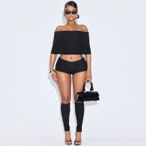 Sommer Slash Neck Sexy Crop Top Mini Slim Shorts Streetwear Schwarz 2-teiliges Set Oberschenkel Hohe Socken Club Passendes Set Damen Outfits