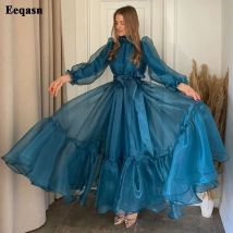 Eine Linie blaugrün blau High Neck Organza Ballkleider Futter lange Ärmel Frauen Abendkleider High Neck maßge schneiderte formelle Party kleid