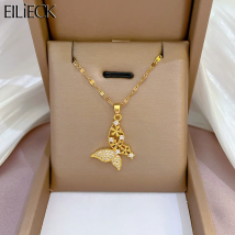 EILIECK 316L Edelstahl Glanz Kubikzircon Schmetterling Anhänger Halskette Gold Farbe Textur Metall Personalisierte Kette Schmuck
