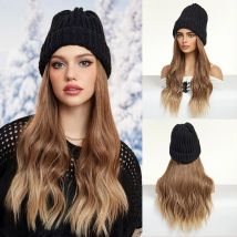 Kint Kappe mit ombre braunen Haar verlängerungen für Frauen verstellbarer Hut mit synthetischer Perücke befestigt lange gewellte Haare schwarze Kappe