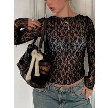 Mooyufon Long Sleeves See Through Lace Crop Top Solid Sexy Bodycon T-Shirt For Women Party Club Autumn Winter Clothes
