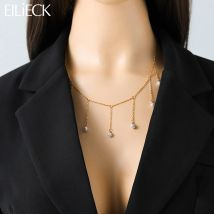 EILIECK 316L Stainless Steel Simple Pearl Tassel Necklace For Women Fashion Neck Chain Waterproof Jewelry Collar Holiday Gifts