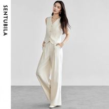 SENTUBILA Damen-Hosensets: Schmal geschnittene Weste aus Leinenmischung mit Falten und hochtaillierter, weit geschnittener Hose – Neu im Partnerlook für Frühling 2026 (151Z58274)
