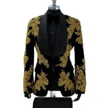 Black Velvet Crystals Men Suits Set 2 Pieces Blazer+Cotton Pants Custom Made Jacket Groom Tuxedo Office Male Custom Made Coat