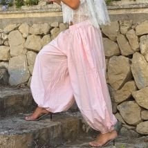 Damskie spodnie typu bloomers z kieszeniami, plisowane, luźne, z wysokim stanem, patchworkowe, bandażowe, streetwearowe, z szerokimi nogawkami.