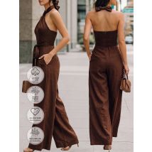 Fashion Sexy Jumpsuit for Women, Linen Blend Brown Halter Neck Wide Leg One-Piece