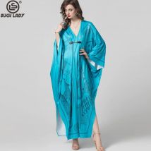 Abiti da donna Sexy scollo a V maniche a pipistrello stampato Design allentato elegante moda Casul abito lungo capispalla