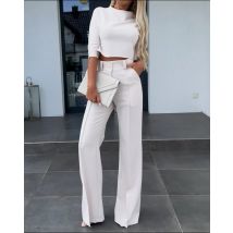 Frühling Neue Crop Top Mit Flare Hosen Zwei Stück Set Frauen Fashion Solid Rollkragen T-shirt Anzug Büro Casual Weiße Hose Set dame