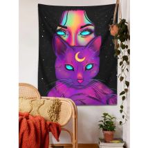 Psychedelic Girl Tapestry Wall Hanging Hippie Cat Aesthetic Color Magic Moon Starry Sky Living Room Bedroom Bohemian Home Decor