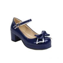 New Women Platform Pumps Round Toe Chunky Heels Shoes Bowtie Buckle Strap Lolita Shoes Big Size 32-46 Blue Black Pink Red