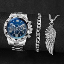 3 Teile/satz Männer Business Uhren Mode Silber Band Männlichen Analog Quarz Uhren Armband Halskette Set