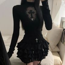 Dark Gothic Lolita 2-teiliges Set Damen Sexy High Neck Cross Hollow Slim Bottom T-Shirt Mini Faltenrock Weiblich Harajuku Y2k Anzug