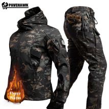 Winter Camo Combat Set Herren Fleece Wasserdichter Taktischer Trainingsanzug Kapuzenjacke mit mehreren Taschen + verschleißfeste Cargohose 2-tlg