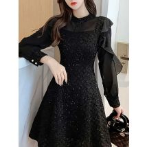 Autumn Winter Stand Collar Ruffles Mesh Patchwork Mini Dress Women Long Sleeve Elegant Fashion Bright Silk A-line Dresses Robe F