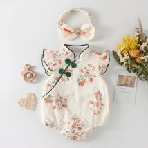 2024 neue Sommer Kleinkind Baby Mädchen Stram pler Haarband fliegende Ärmel Baumwolle drucken Neugeborenen Baby Overall Kinder Kleidung