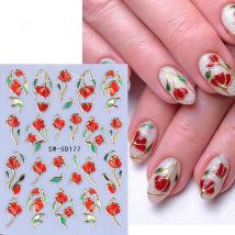 5D Metallic Gold Line Petal Nail Art Aufkleber Rot Glänzend Blumenrahmen Nagelzubehör Abziehbilder mit Glitzer Elegante Blumen Maniküre