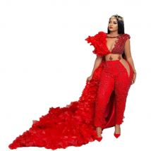 Sexy Red Sleeveless Crop Top Lace Detachable Tail Asymmetric Pants Evening Dress Wedding Guest Floor Length Formal Occasion