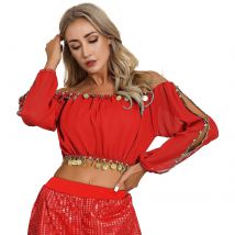 Damen Bauchtanz tragen Performance Tops Pailletten Perlen Split lange Puff Ärmel Ernte Top Halloween Thema Party Karneval Kostüme