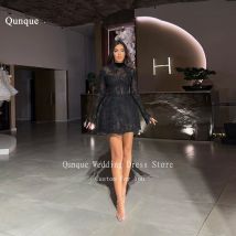Qunque Kurze Abendkleider aus schwarzem Tüll, Stehkragen, Applikationen, Perlen, Partykleid, volle Ärmel, maßgeschneiderte Anlasskleider, individuell gestaltet