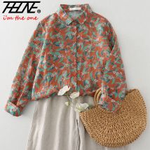 THHONE Autumn Winter Women Shirt Blouse Print Vintage Elegant Casual Korean Long Sleeve Floral Loose Women's Clothing Oversize