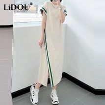 2023 sommer Neue Koreanische Stil Kontrast Farbe Asymmetrische Damen Midi Kleid Weibliche Kurzarm Lose Beiläufige Gerade Vestidos