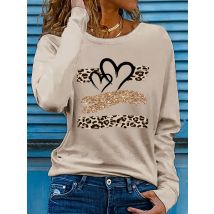 Women's Spring and Autumn 100% Cotton Fashion Casual Loose Leopard Pattern Heart Pattern Printed Round Neck Long Sleeve T-shirt