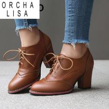 ORCHA LISA Marke 2025, neue weibliche Pumps, runde Zehen, klobige Absätze, 7,5 cm, Schnürung, Übergröße 45, 46 47 48, Bürodame, tägliche Frühlingsschuhe