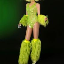 Fluoreszierende grüne Plüschmanschette + Beinabdeckung + Pailletten-Body, Tanz-Outfit, sexy Bar, Sänger, Konzert, Bühne, Party, Performance-Kostüm