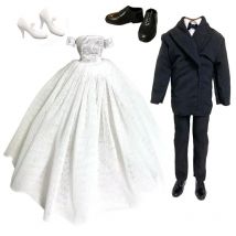 1/6 BJD Puppe Hochzeit Party Kleid Prinzessin Kleid Mit Schleier + 1x Schwarz Bräutigam Anzug Kleidung Für 30cm Puppe für Ken Puppe Zubehör