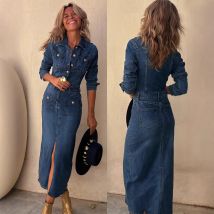 Denim Kleider Mid Länge Kleid Frauen Einreiher Slim Fit Streetwear Drehen Unten Kragen Elegante Lange Party Club Vestidos Y2k