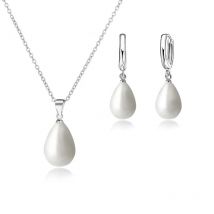 925 Sterling Silver Color Pearl Pendant Necklace Loop Hoop Earrings White Teardrop Women Girls Wedding Party Nice Gifts